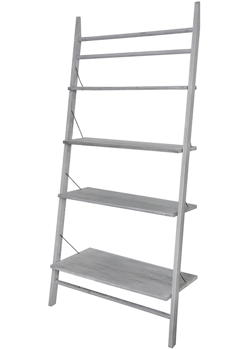 17397-a Wide Washed Grey Wooden Ladder Shelf Display Unit