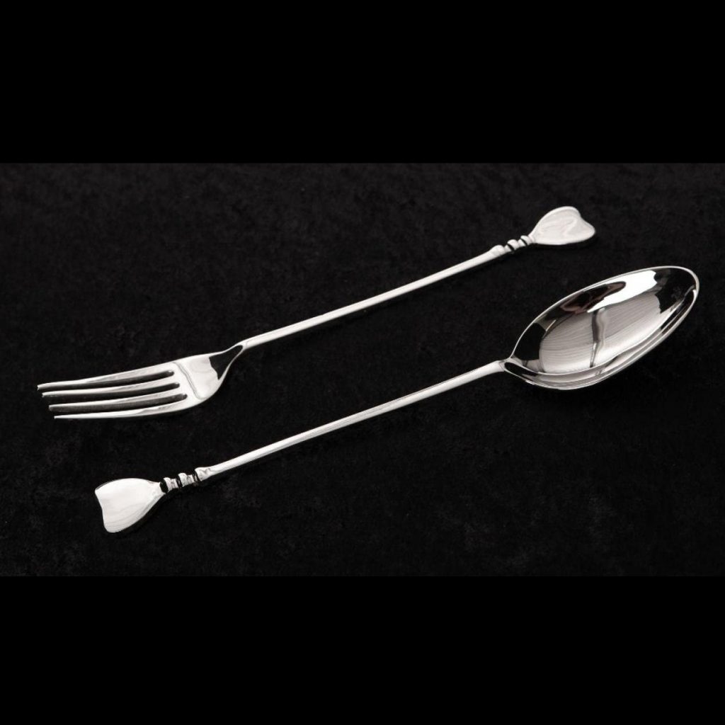 26197_Hearts Polished Metal Fork Spoon Cutlery Server Set of 2