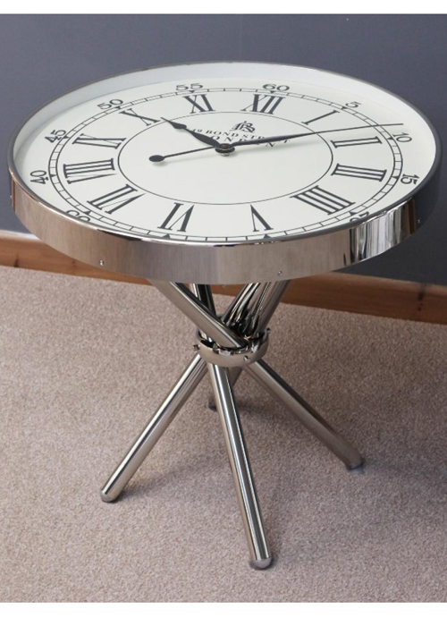 28503_Unique Polished Chrome Metal Coffee End Side TABLE Traditional White CLOCK Top …