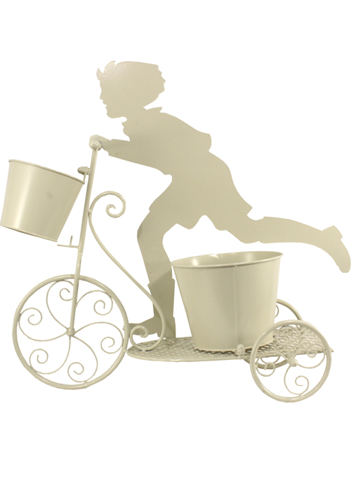 YF1047B Vintage Style Cream Metal Tricycle Silhouette Garden Ornament Planter