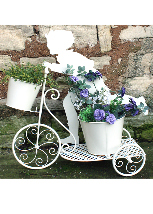 YF1047B_1 Vintage Style Cream Metal Tricycle Silhouette Garden Ornament Planter