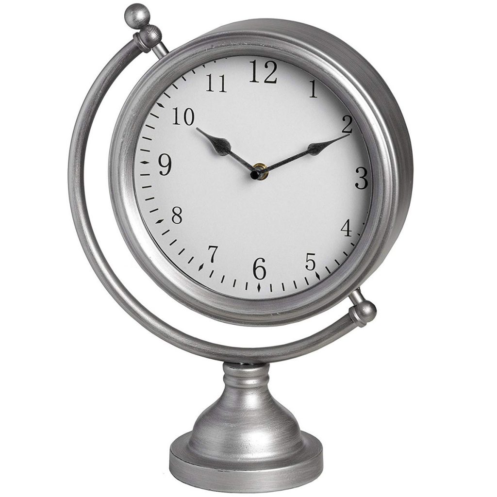 17861 Silver Grey Round Freestanding Metal Globe Frame Desk Shelf Mantel Clock