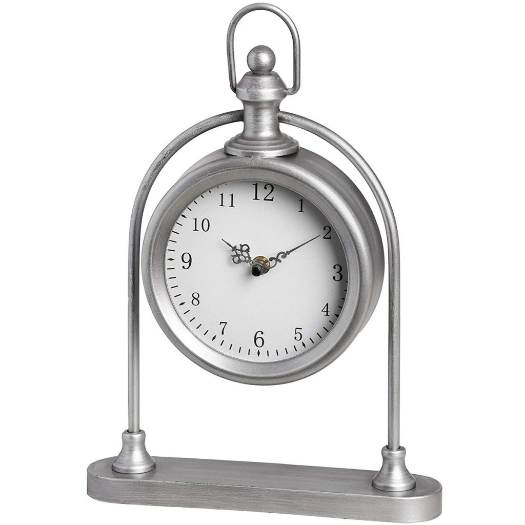 17863 Pocket Watch Style Silver Grey Round Freestanding Metal Desk Shelf Mantel Clock