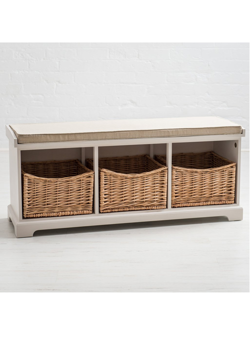 Country Style White Wicker Baskets 3 Seater Hallway Storage Bench