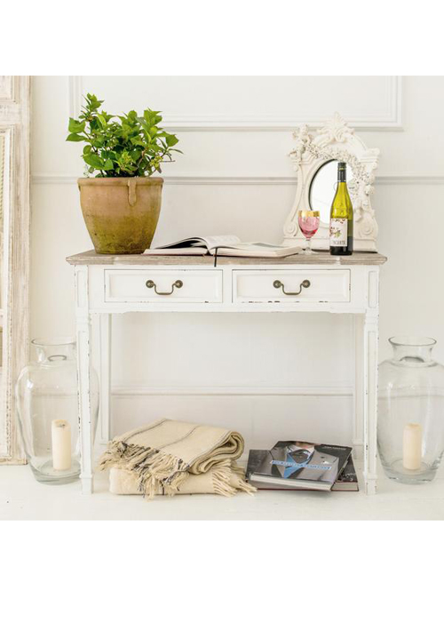 M000100_3bNew England Style Distressed White 2 Drawer Console Table