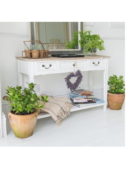 M000102 New England Style Distressed White 3 Drawer Shelf Console Table