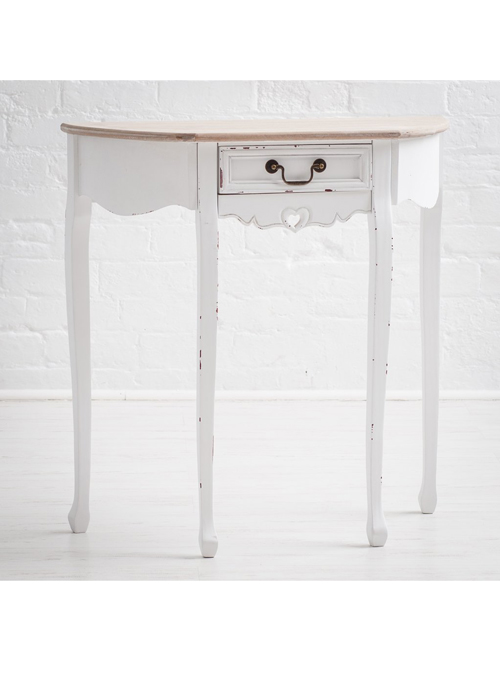 M000205 French Style Distressed White Heart Detail 1 Drawer Half Moon Console Table