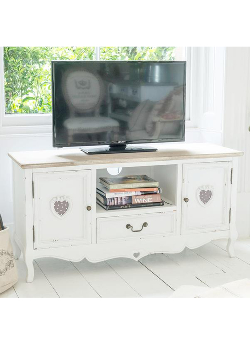 M000210 French Style Distressed White Heart Detail TV Television Unit Stand Cabinet