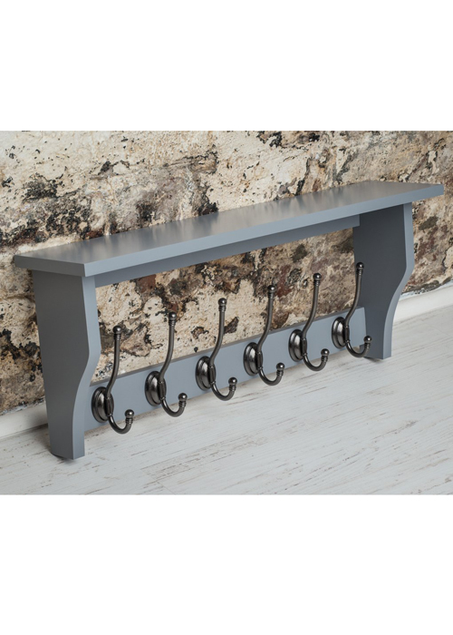 M900953_Painted Dove Grey Shelf Coat Rack Pewter Metal 6 Double Hooks