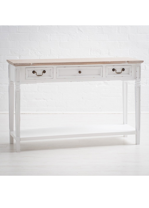 New England Style Distressed White 3 Drawer Shelf Console Table