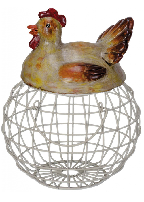 QOV005__Farmhouse Style Nesting Hen Chicken Lid Metal Wire Egg Basket Display Holder