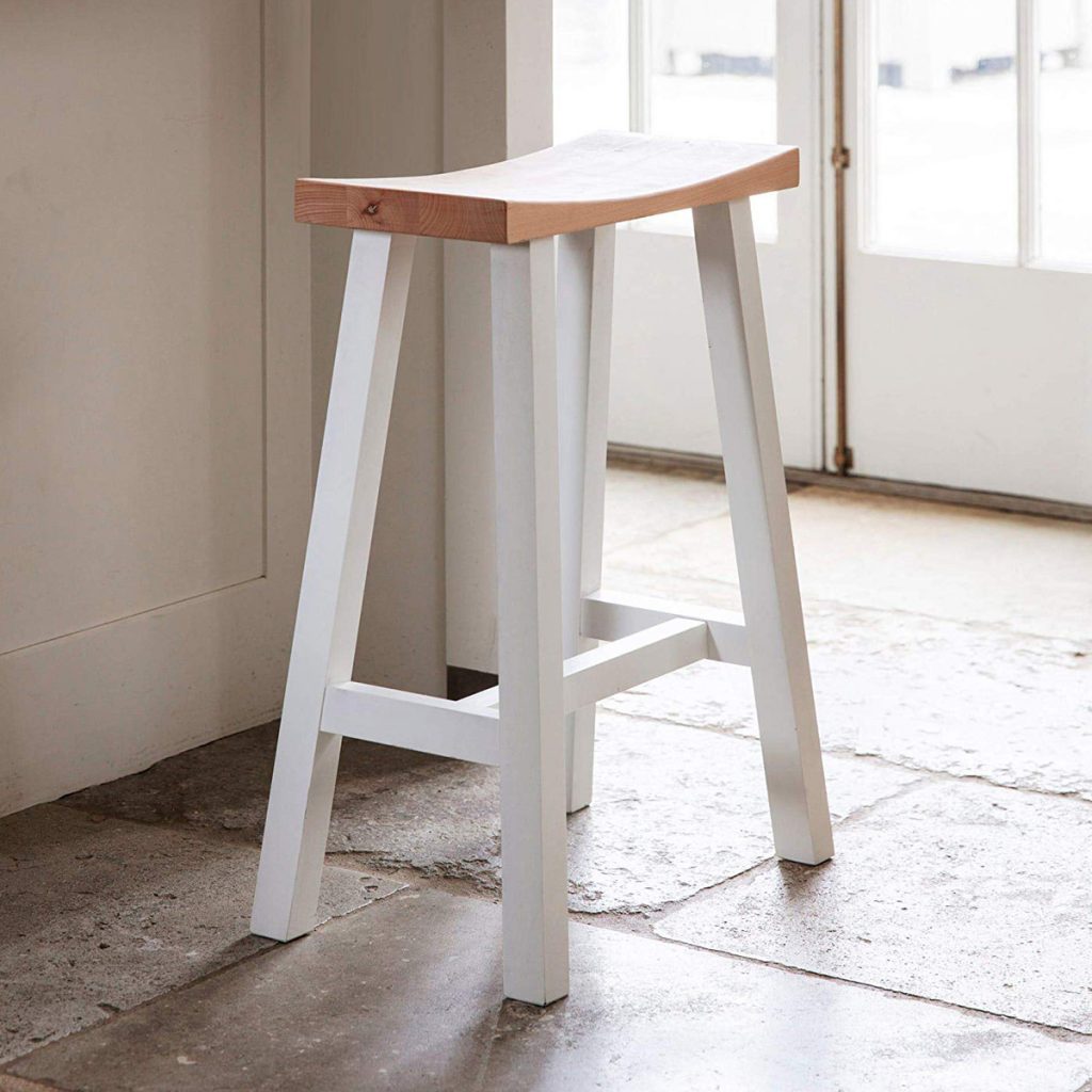 Sturdy Carved Natural Oak Soft Old White Wooden Breakfast Bar Seat Stool 2