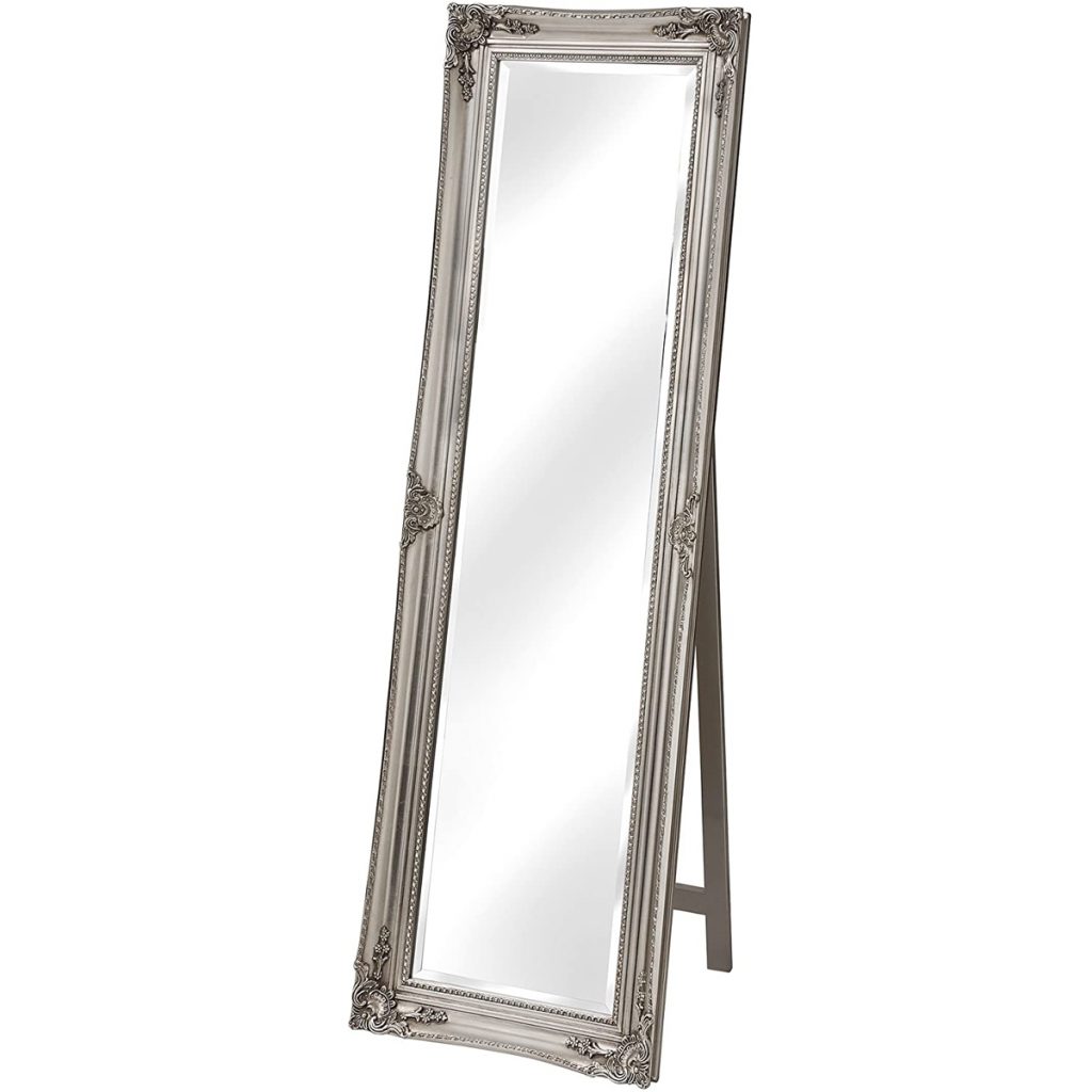 17306 Tall Ornate Antique Silver Full Length Freestanding Cheval Dressing Mirror