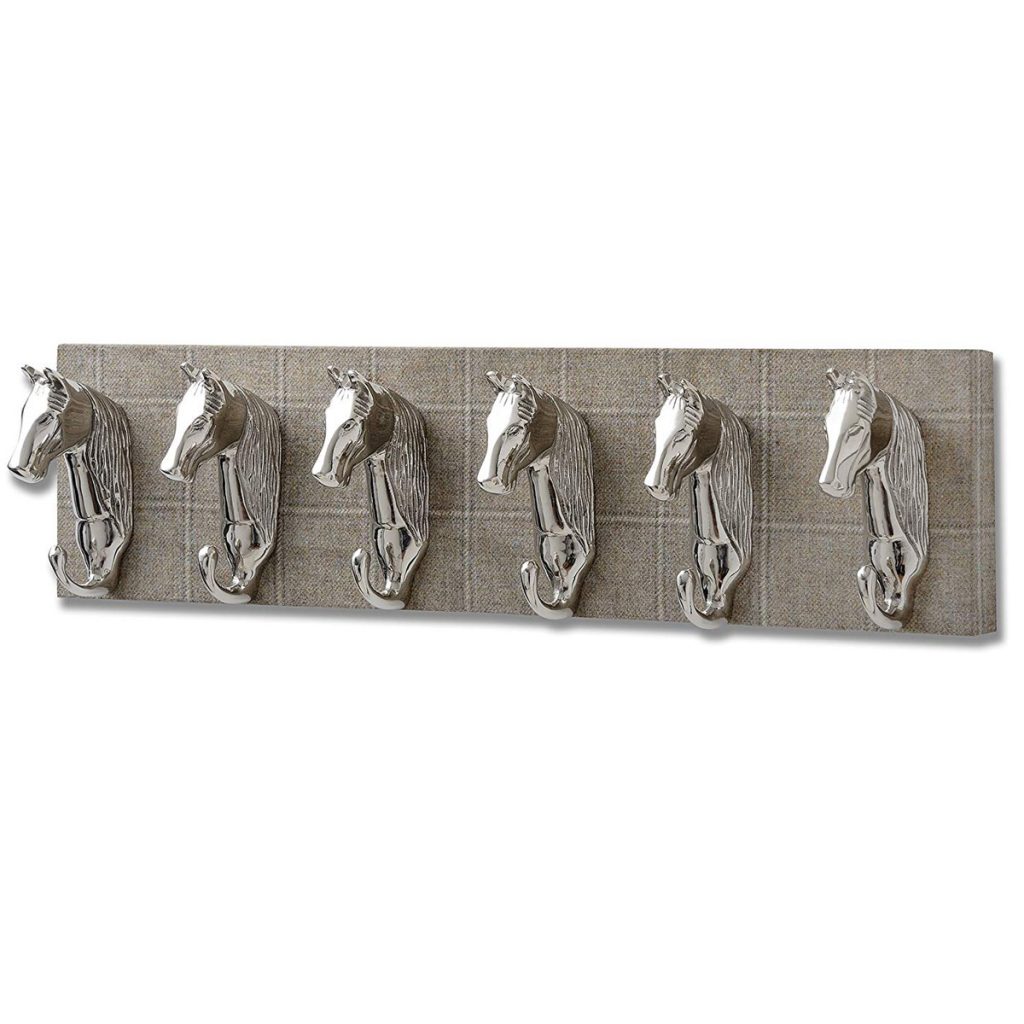 18154 Country Style Brown Tweed Horse Pony Head Polished Metal Coat 6 Hooks