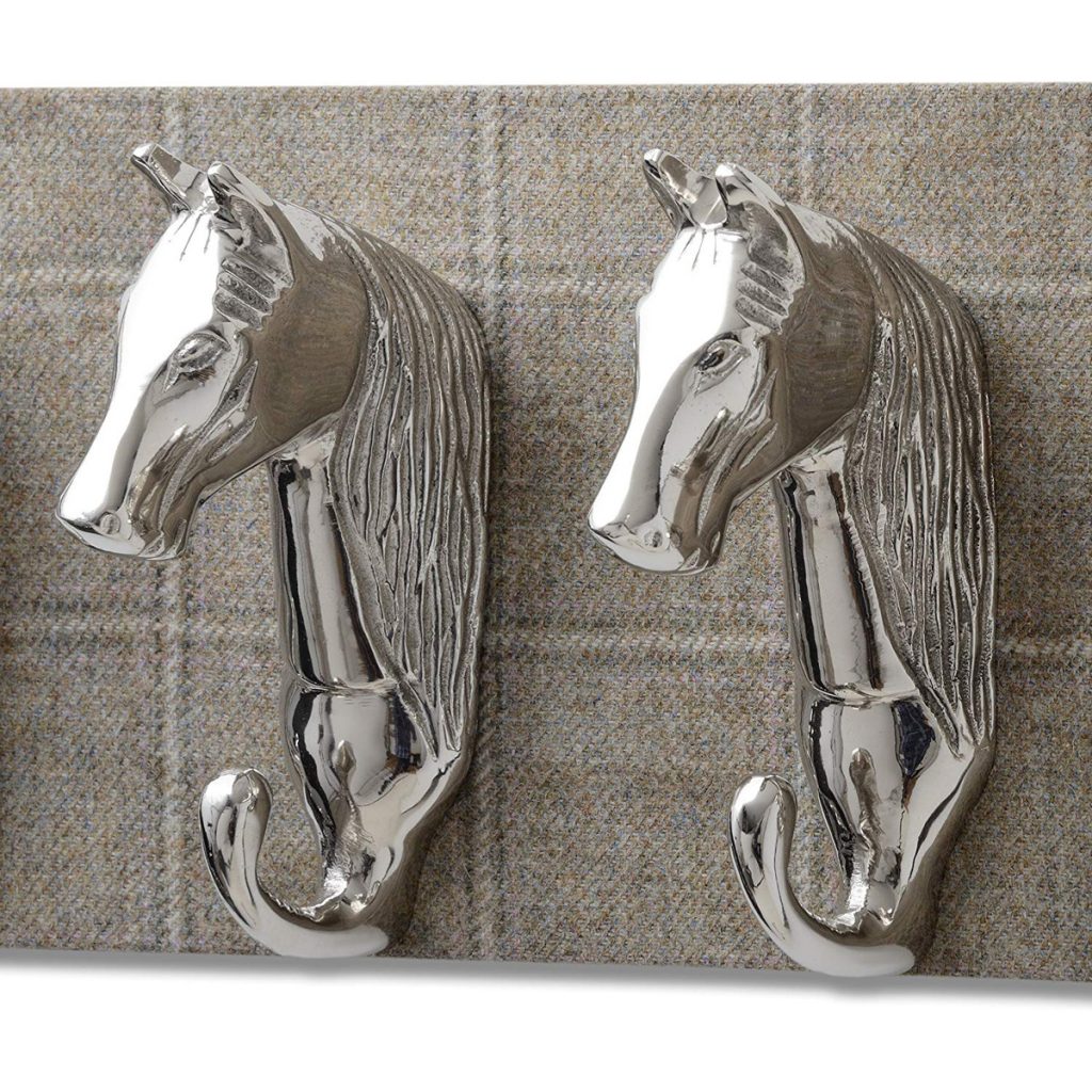 18154-a Country Style Brown Tweed Horse Pony Head Polished Metal Coat 6 Hooks