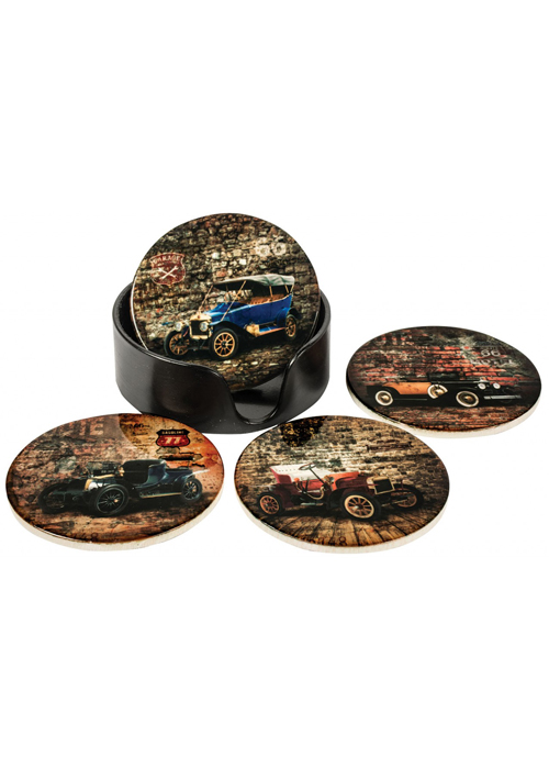 HFL065 Vintage Cars Set 4 Coasters with Holder