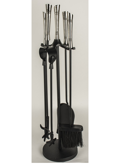 QPR034_1 Black Chrome Handle Fireplace Companion Set