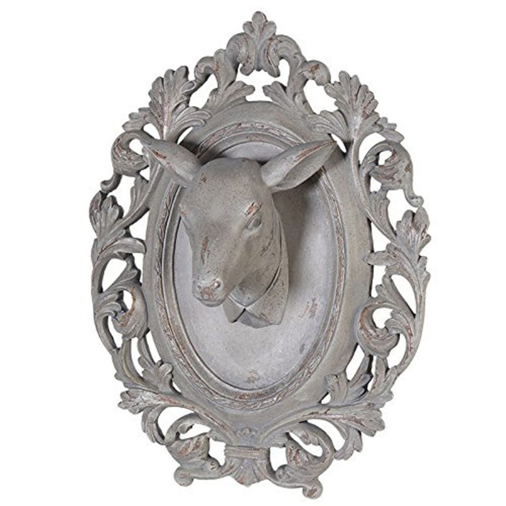 TEA351 Ornate Grey Deer Head Wall Plaque