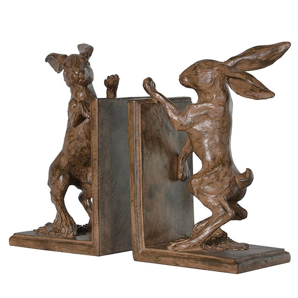 NAN129 Rustic Boxing Hare Brown Bookends