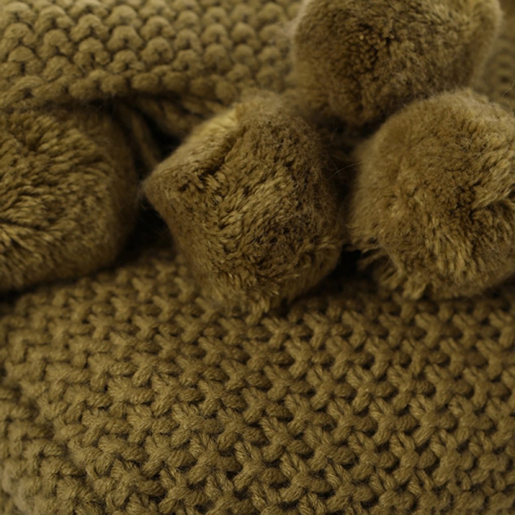 42532 a Khaki Pom Pom Knitted Throw Blanket