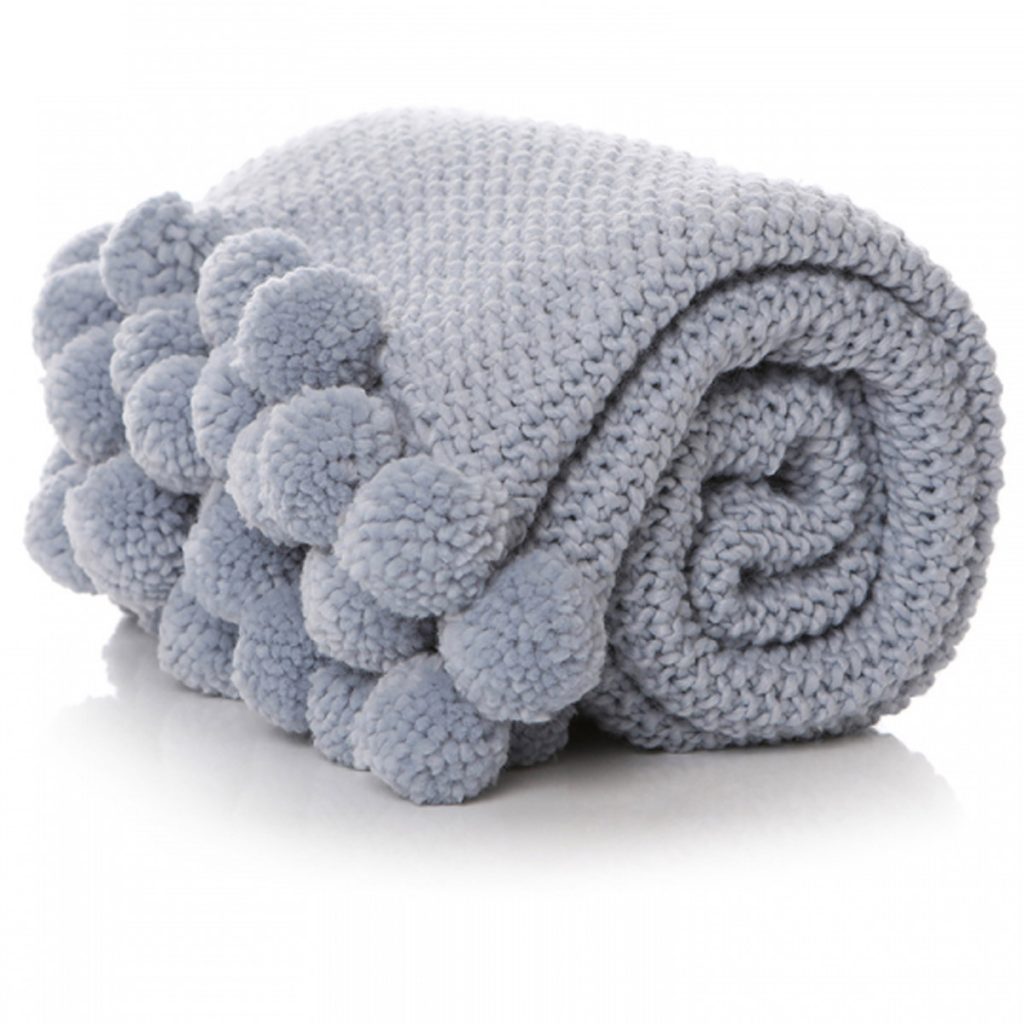 Pale Blue Pom Pom Throw Blanket