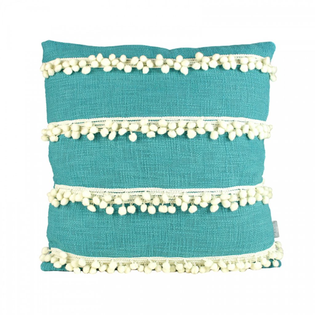 00325-1 Striped Aqua Blue Pom Pom Cushion