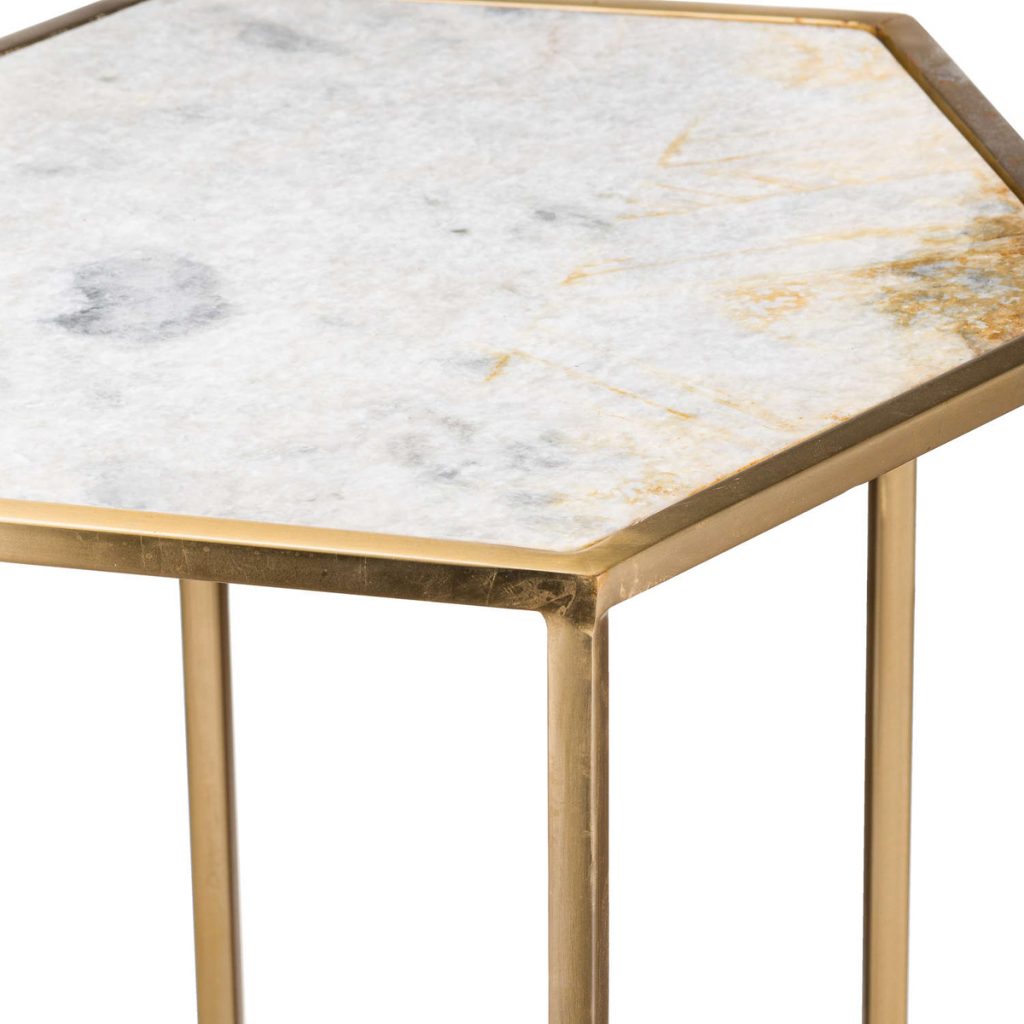 20372-a Hexagonal Gold Metal Marble Side Table