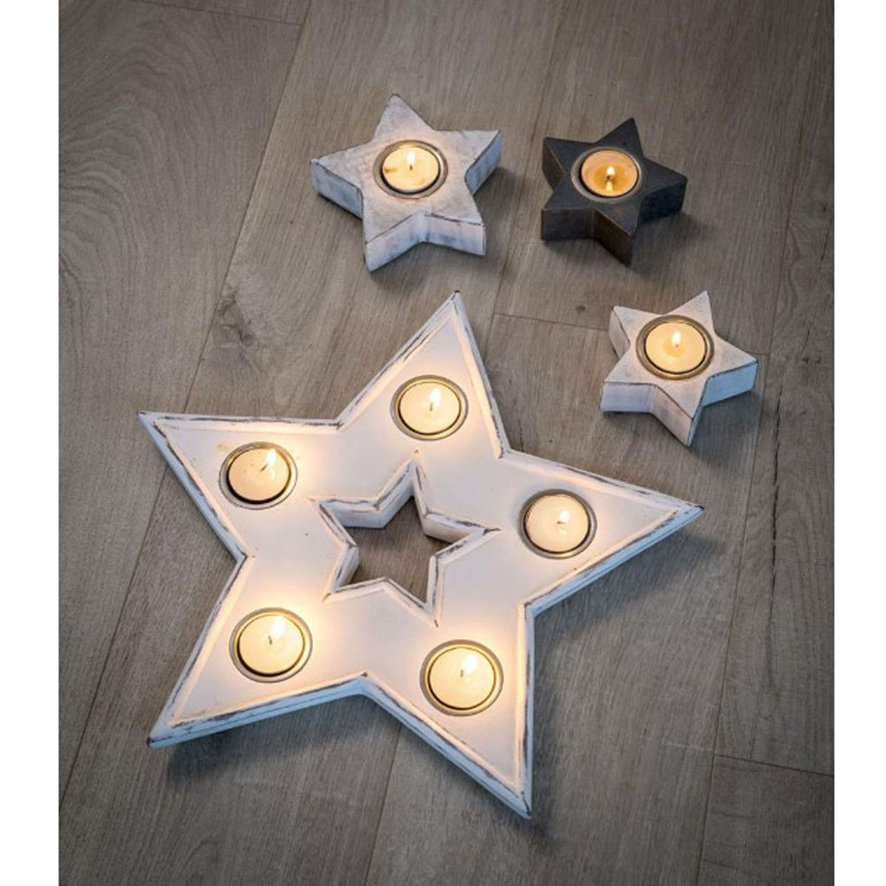 16SS02 Distressed White Star Candle Holder