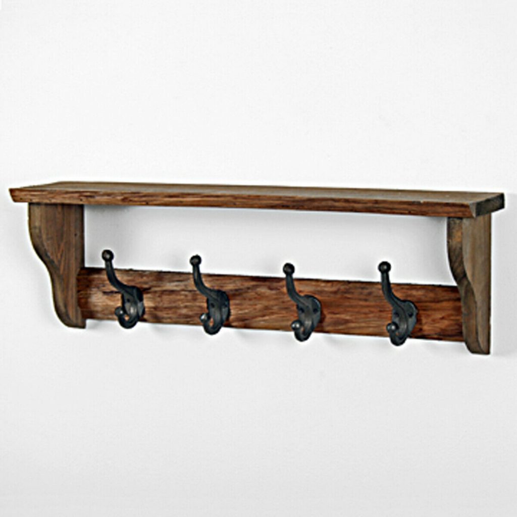 Antique Brown Wooden Shelf 4 Hooks - Interior Flair